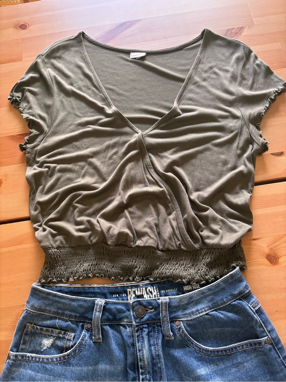 Olive V-Neck Smocked Waist Women's Top